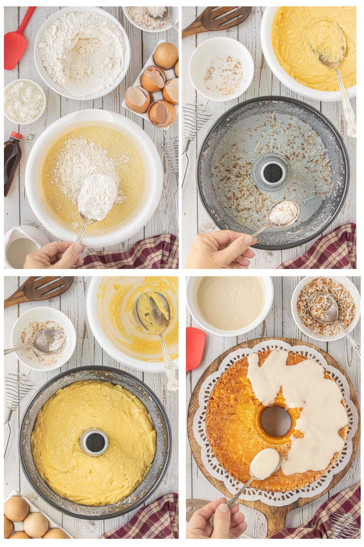 Step-by-step photos showing how to mix and bake Louisiana crunch cake in a tube pan and add the glaze.