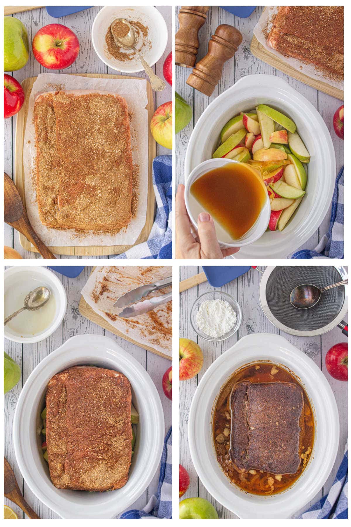 A collage of four step by step images showing how to make pork roast with apples in the slow cooker.