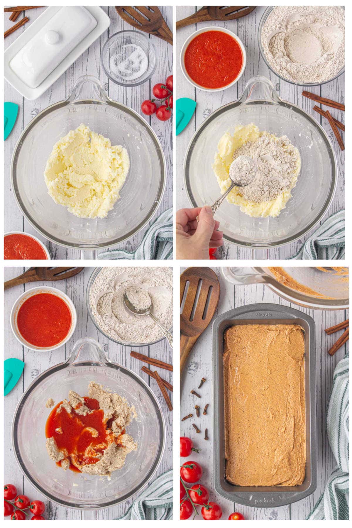 Collage of steps showing how to make this tomatoe juice cake.