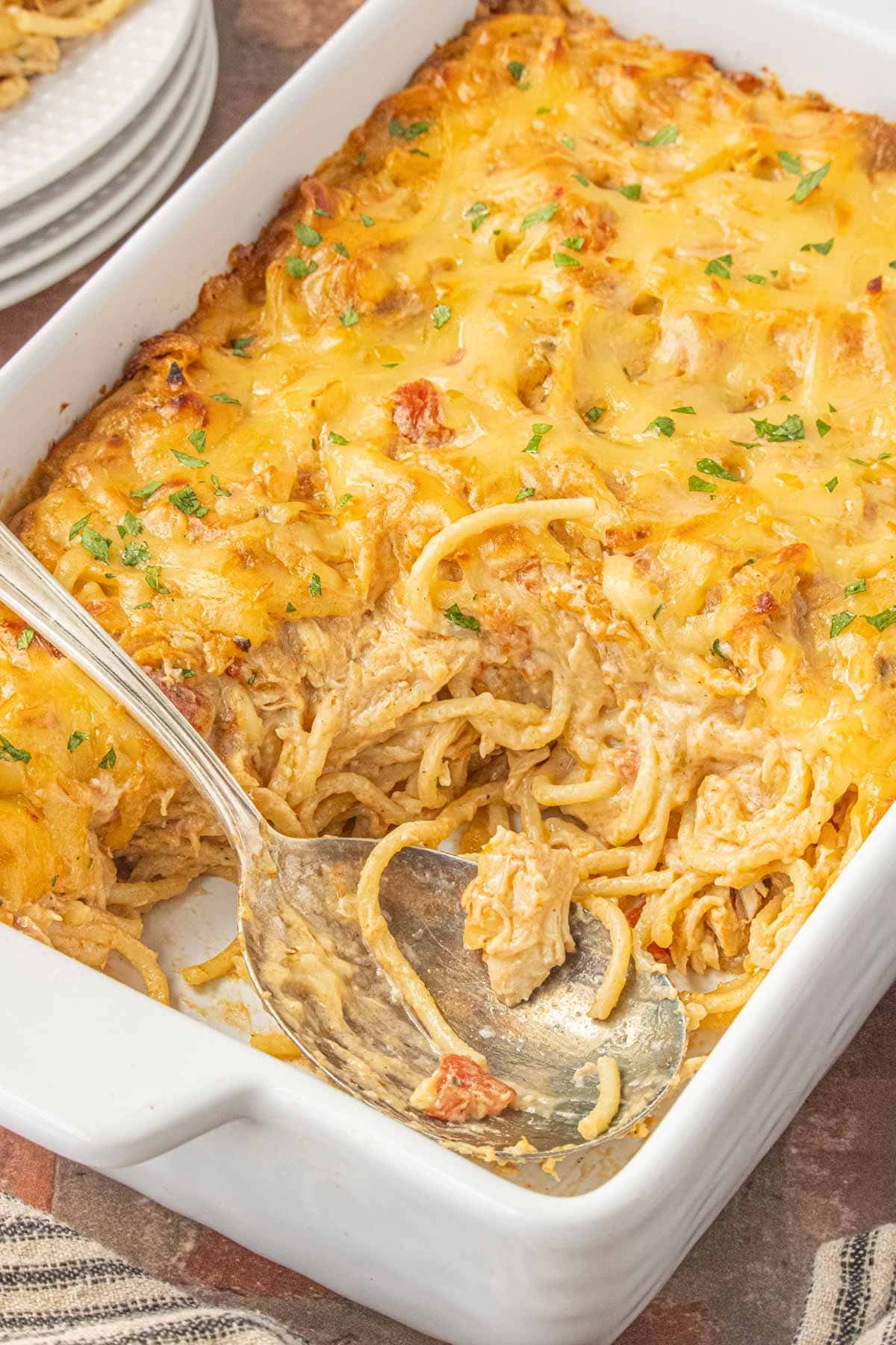 BBQ chicken spaghetti casserole in a white baking dish topped with melted smoked Gouda and fresh parsley