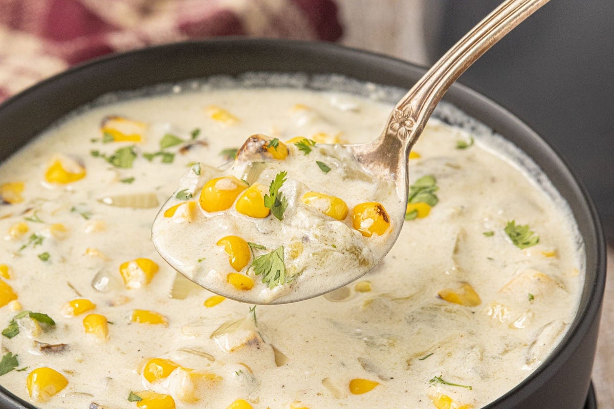Spoonful of creamy Hatch chile corn chowder with roasted corn and chopped cilantro
