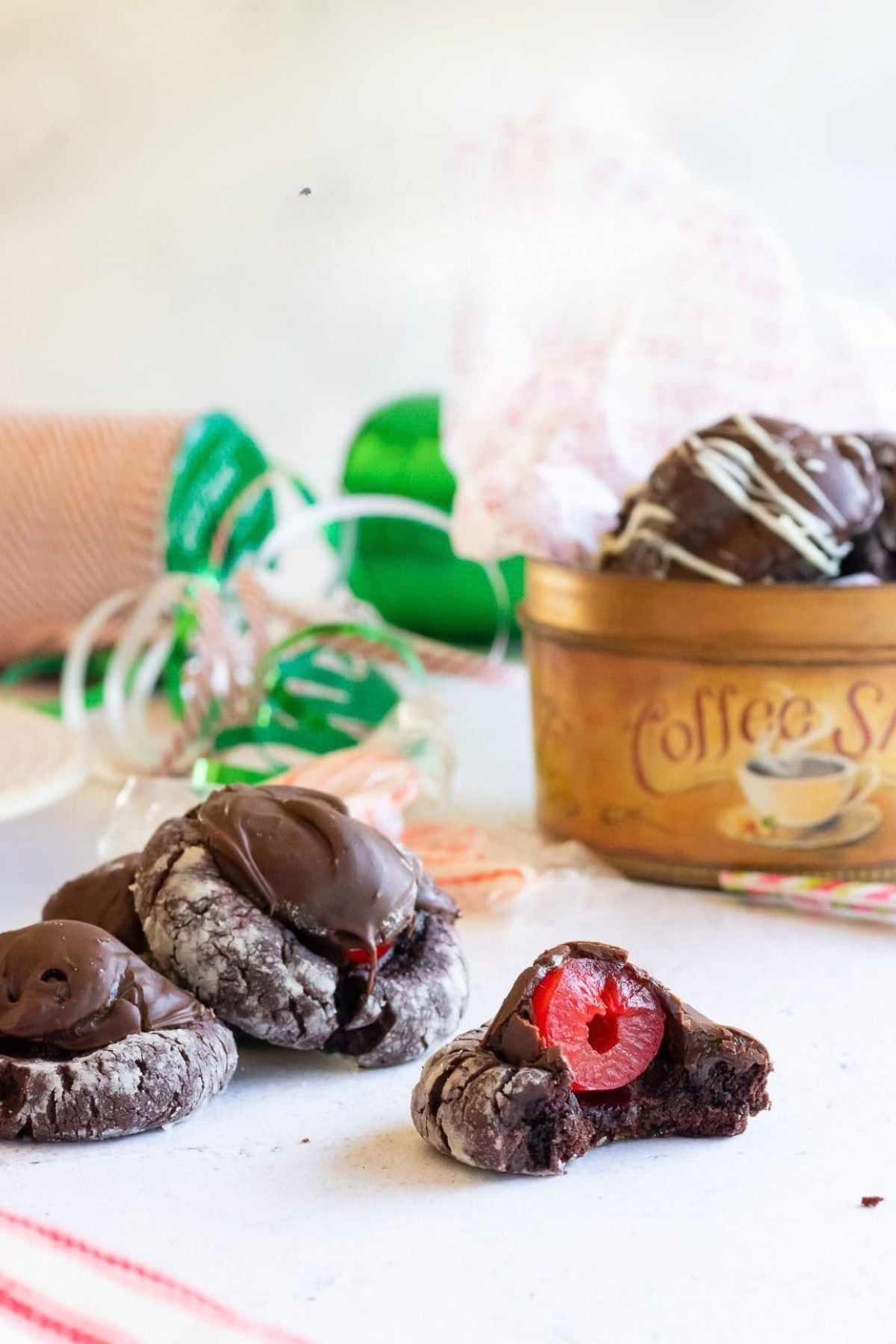 Cookies in a gift tin with a text overlay for Pinterest