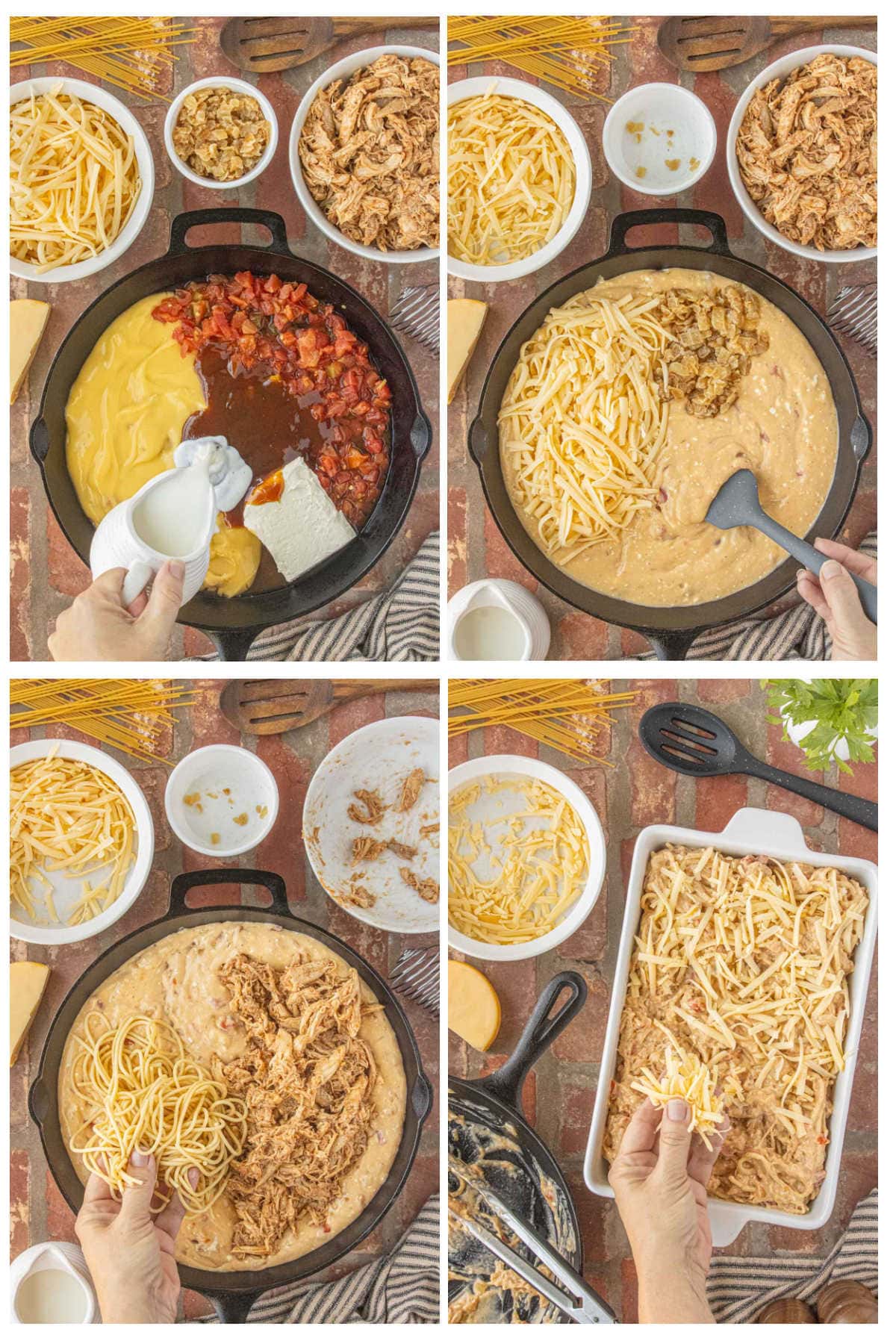 Step-by-step photos showing how to mix and assemble BBQ chicken spaghetti casserole with smoked Gouda