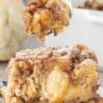 Brown Butter Praline French Toast Casserole with thick custardy French toast, gooey pecans, and maple syrup, with text reading “overnight it.”