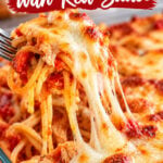 Pinterest pin for chicken spaghetti with red sauce featuring cheesy baked pasta, chicken, tomato sauce, and a mozzarella cheese pull.