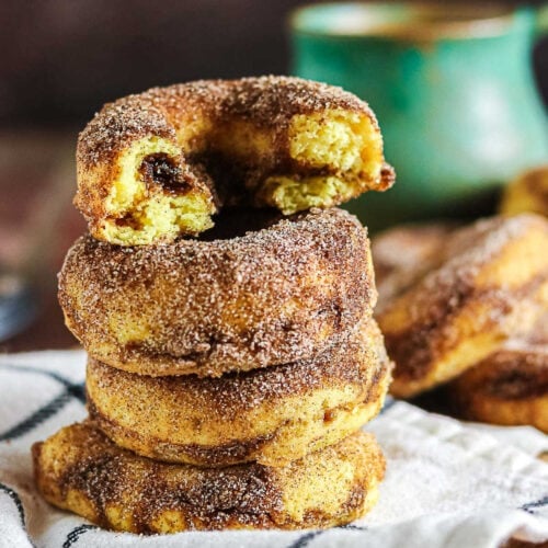Cinnamon baked donuts coated with cinnamon sugar and filled with a brown sugar cinnamon swirl