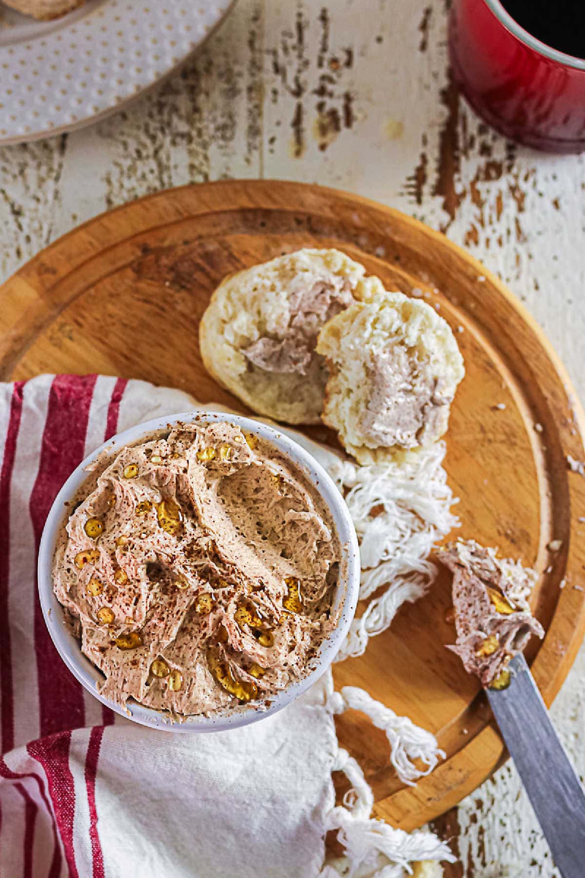 Cinnamon honey butter with honey drizzle served with warm biscuits