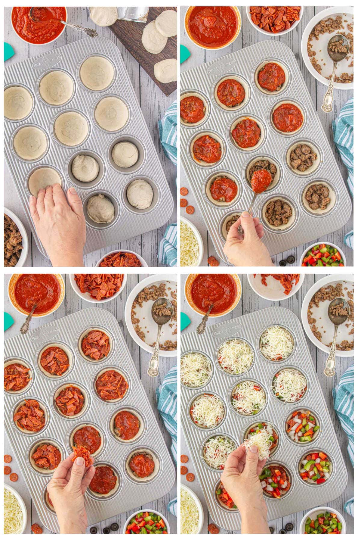 Step by step images for making these easy pizza cups from pressing in the biscuit dough to topping with the cheese.