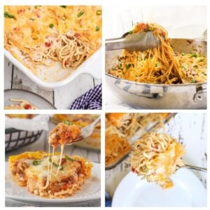 Collage of easy spaghetti recipes including cheesy casseroles and skillet spaghetti