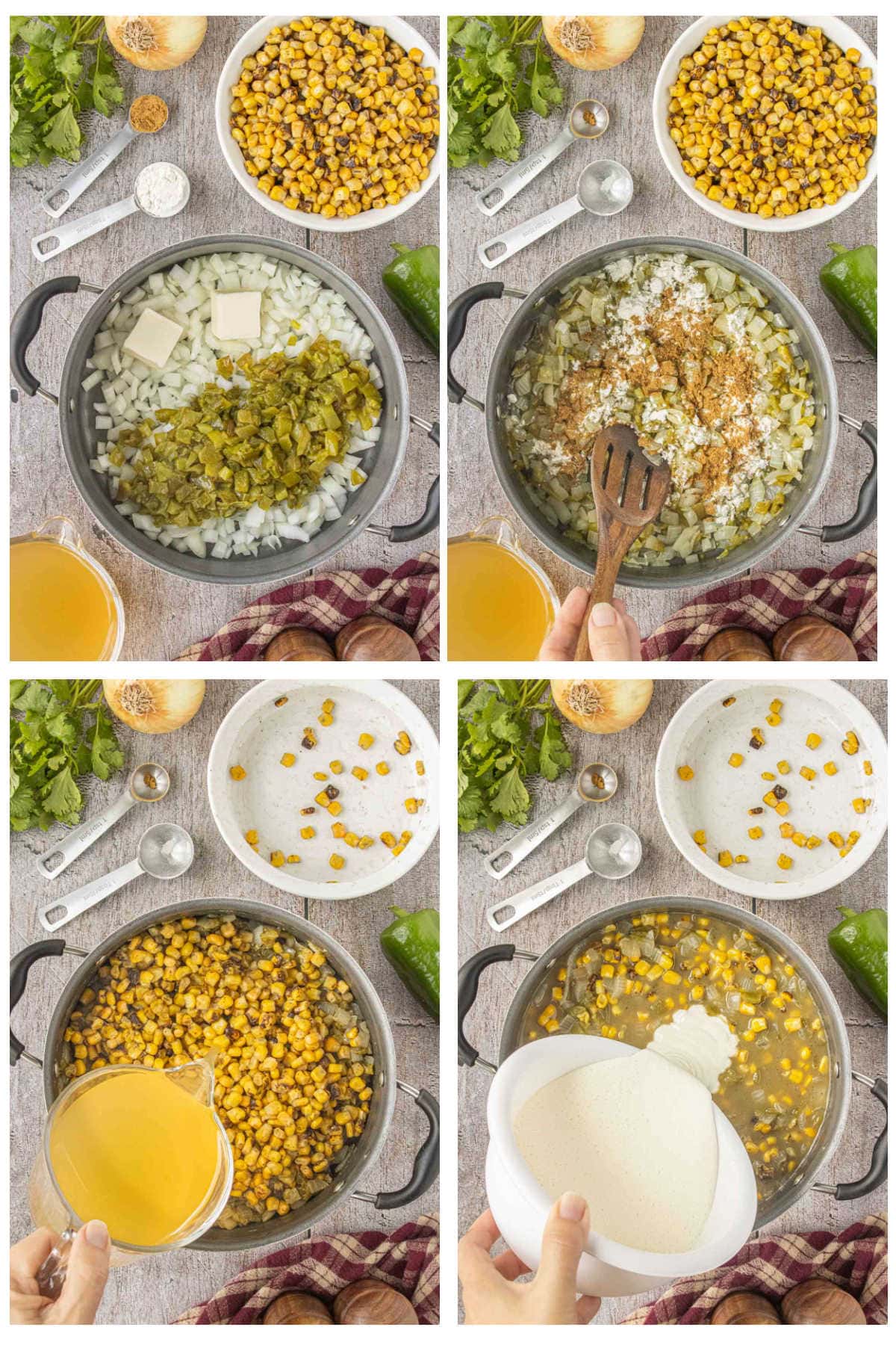 Steps for making Hatch chile corn chowder by sautéing the vegetables, adding seasonings, corn and stock, then stirring in cream cheese and milk