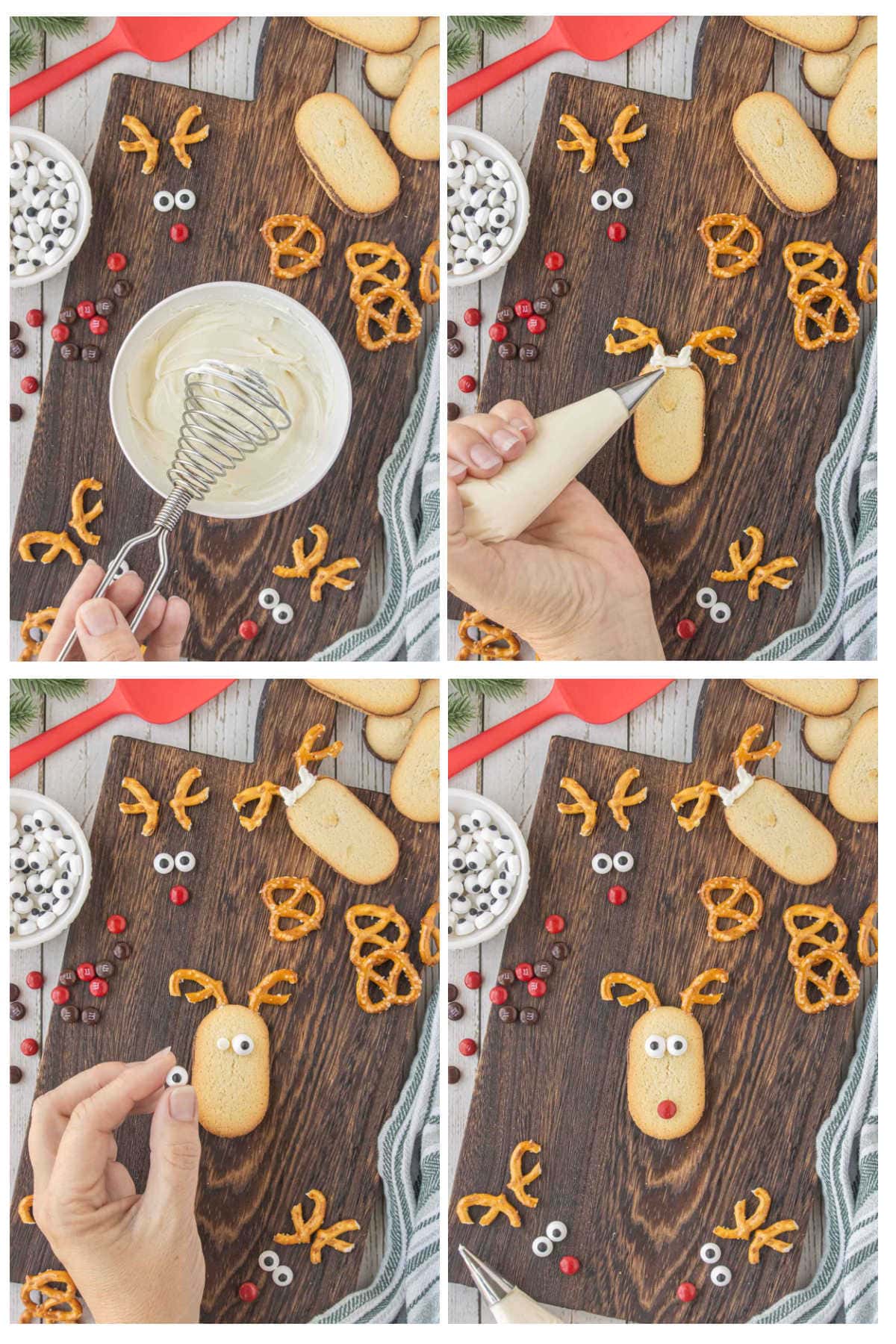 Step-by-step photos showing how to make no-bake reindeer cookies with Milano cookies and pretzel antlers