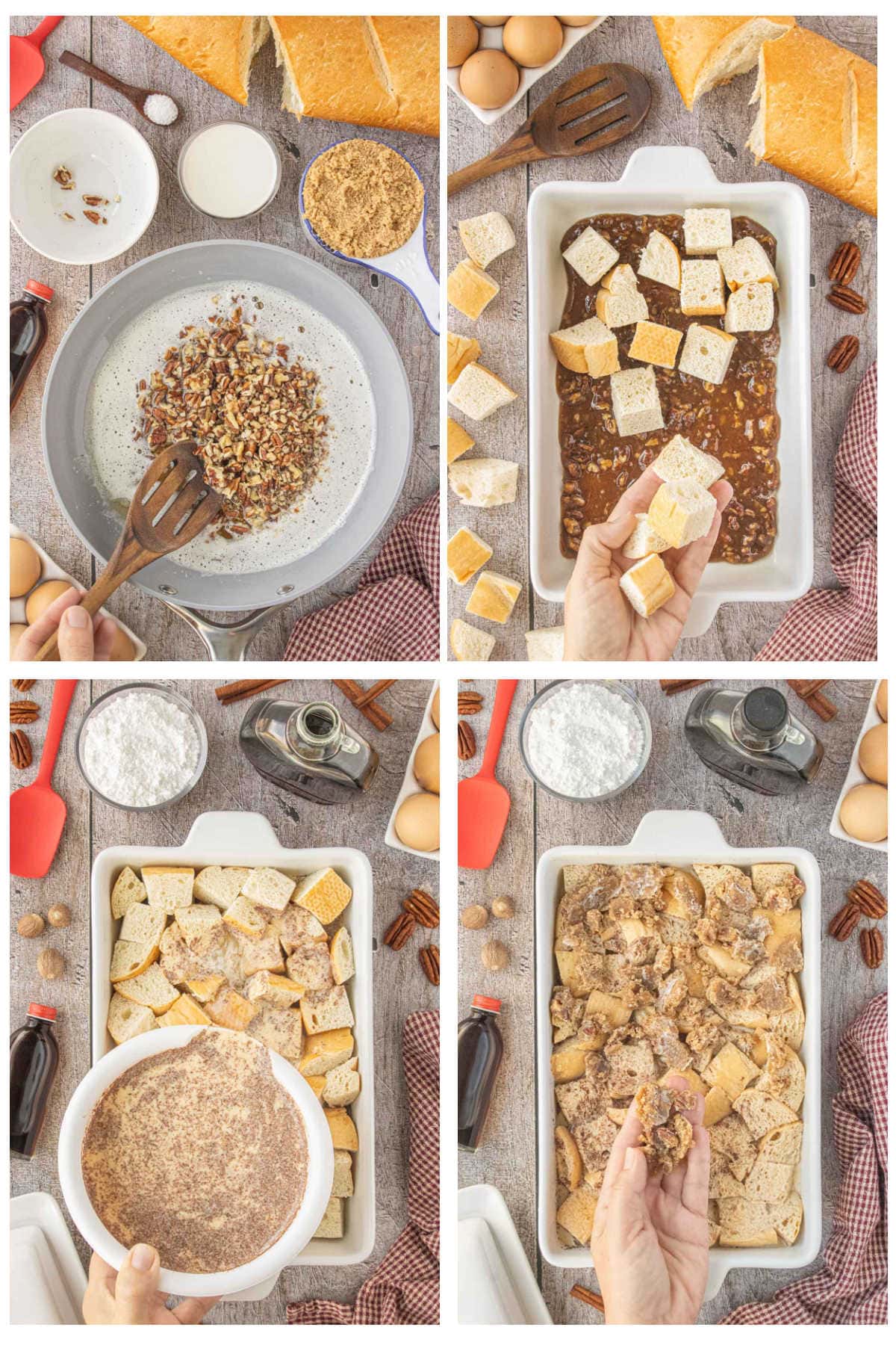 Steps for making praline French toast casserole, from browning butter and pecans to adding bread cubes and pouring the custard over the casserole.