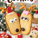 No-bake reindeer cookies made with Milano cookies, pretzel antlers, candy eyes, and M&M noses