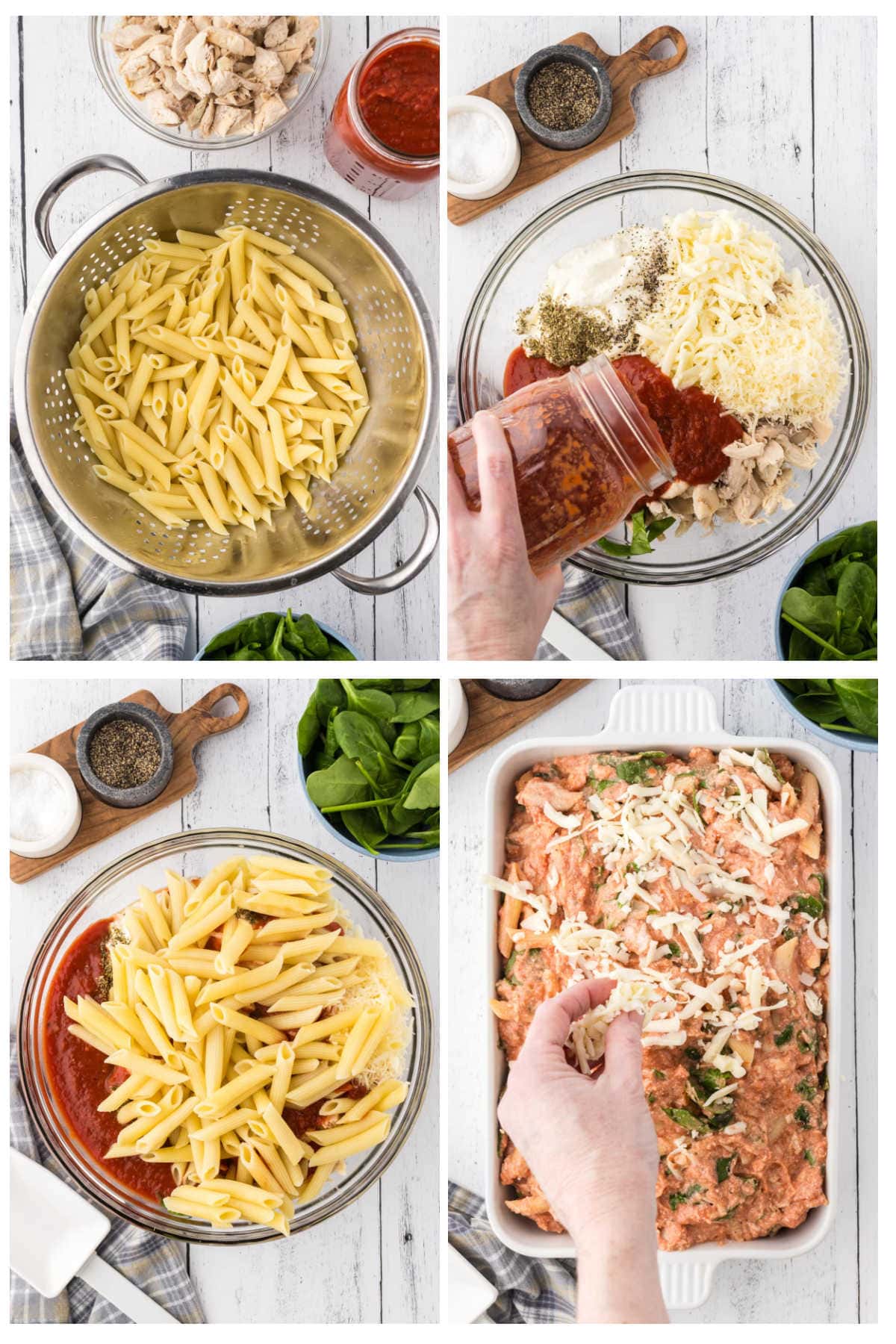 Alt text: Step-by-step photos showing how to make ricotta chicken pasta casserole with penne, chicken, ricotta, marinara, spinach, and cheese.