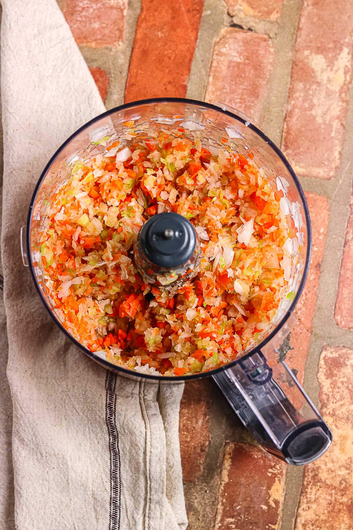 Minced vegetables for the spaghetti sauce in a food processor.