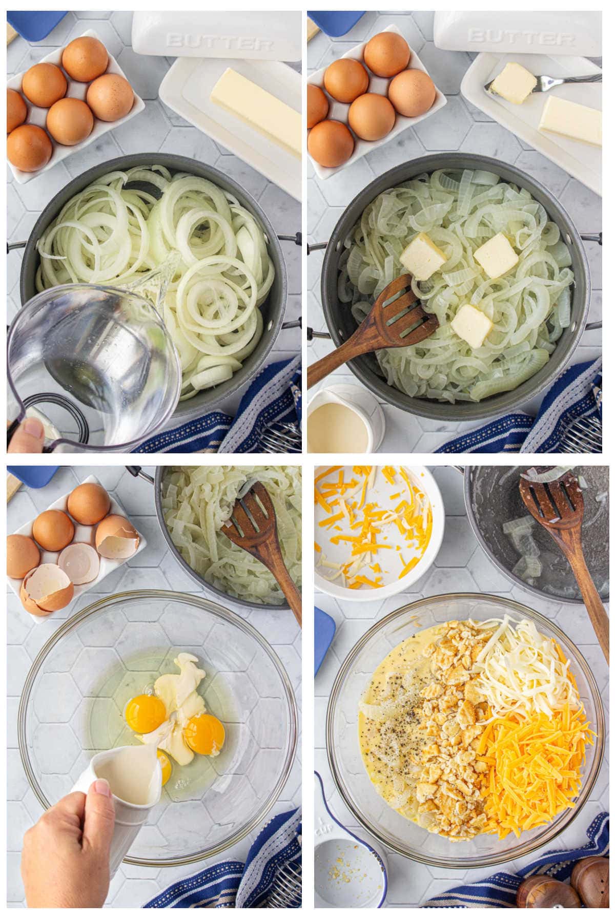 Steps for making Southern onion casserole: simmering sliced onions, adding butter, whisking eggs with evaporated milk, and combining onions with cheese and Ritz crackers.