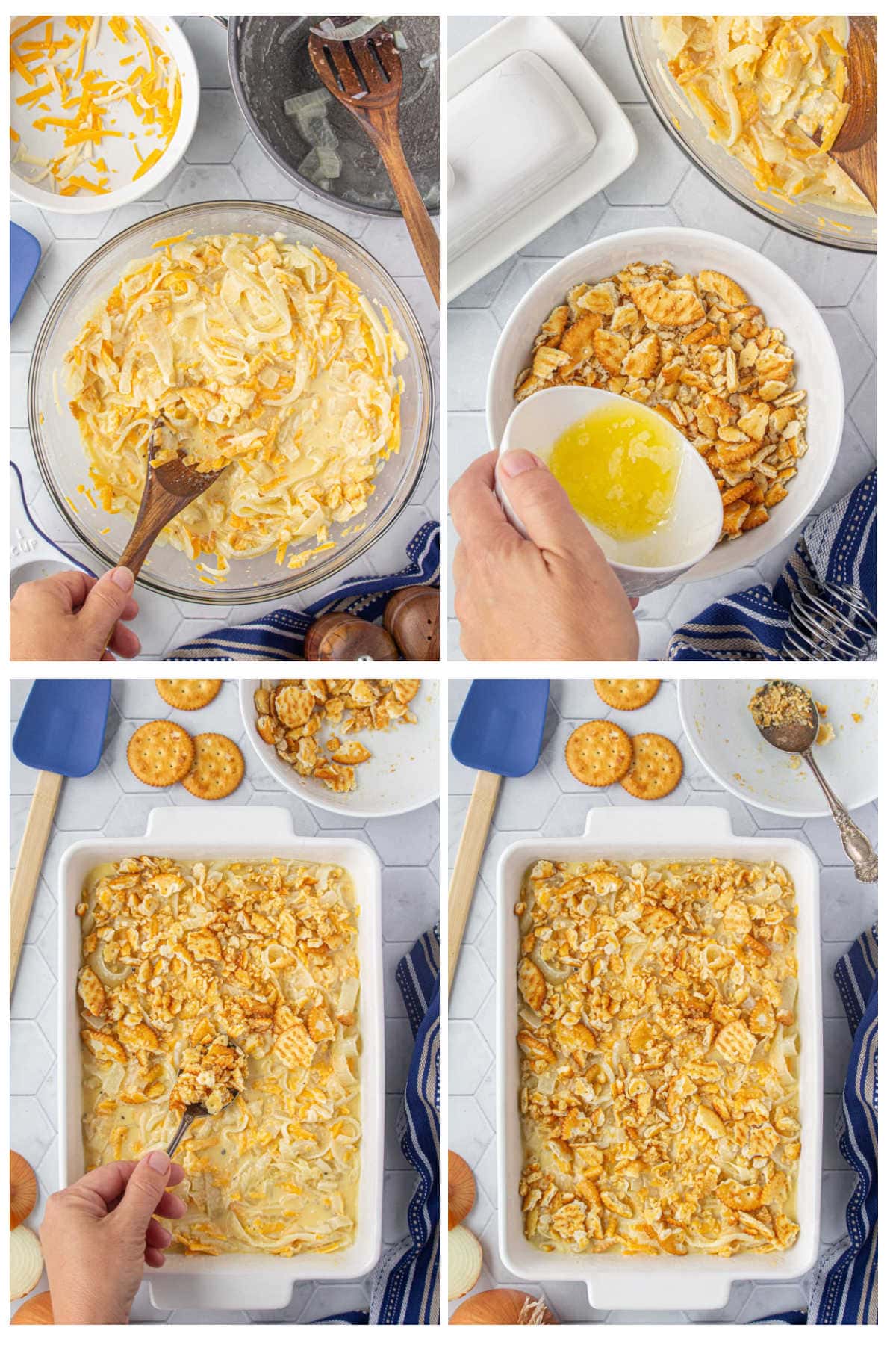 Steps for assembling Southern onion casserole: mixing the creamy onion filling, making the buttered Ritz cracker topping, spreading the casserole in a baking dish, and adding the cracker crumbs before baking.
