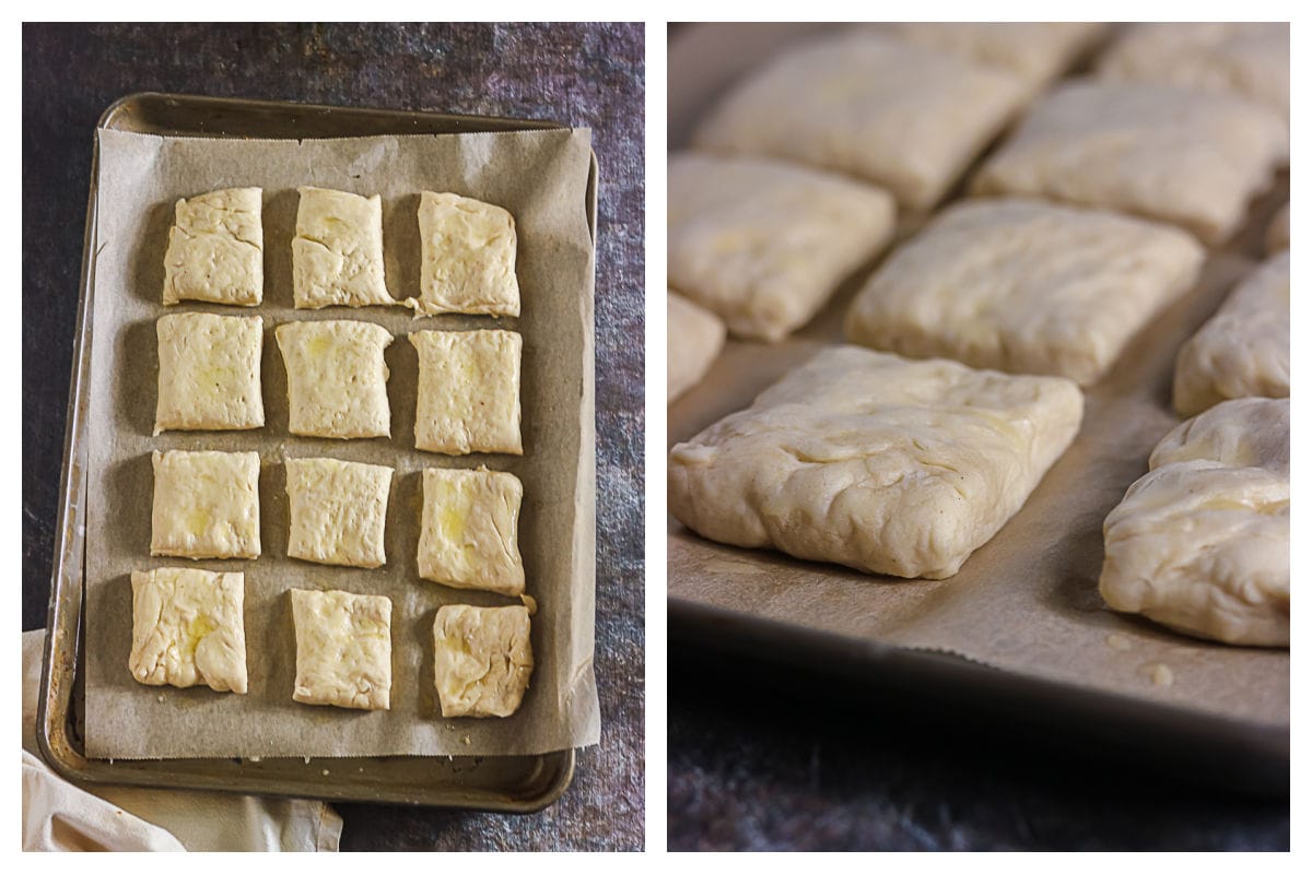Texas Roadhouse roll dough cut into squares before and after rising on a baking sheet