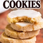 Brown butter icebox cookies in a stack with one bitten open to show the crumbly texture. Title text for Pinterest.