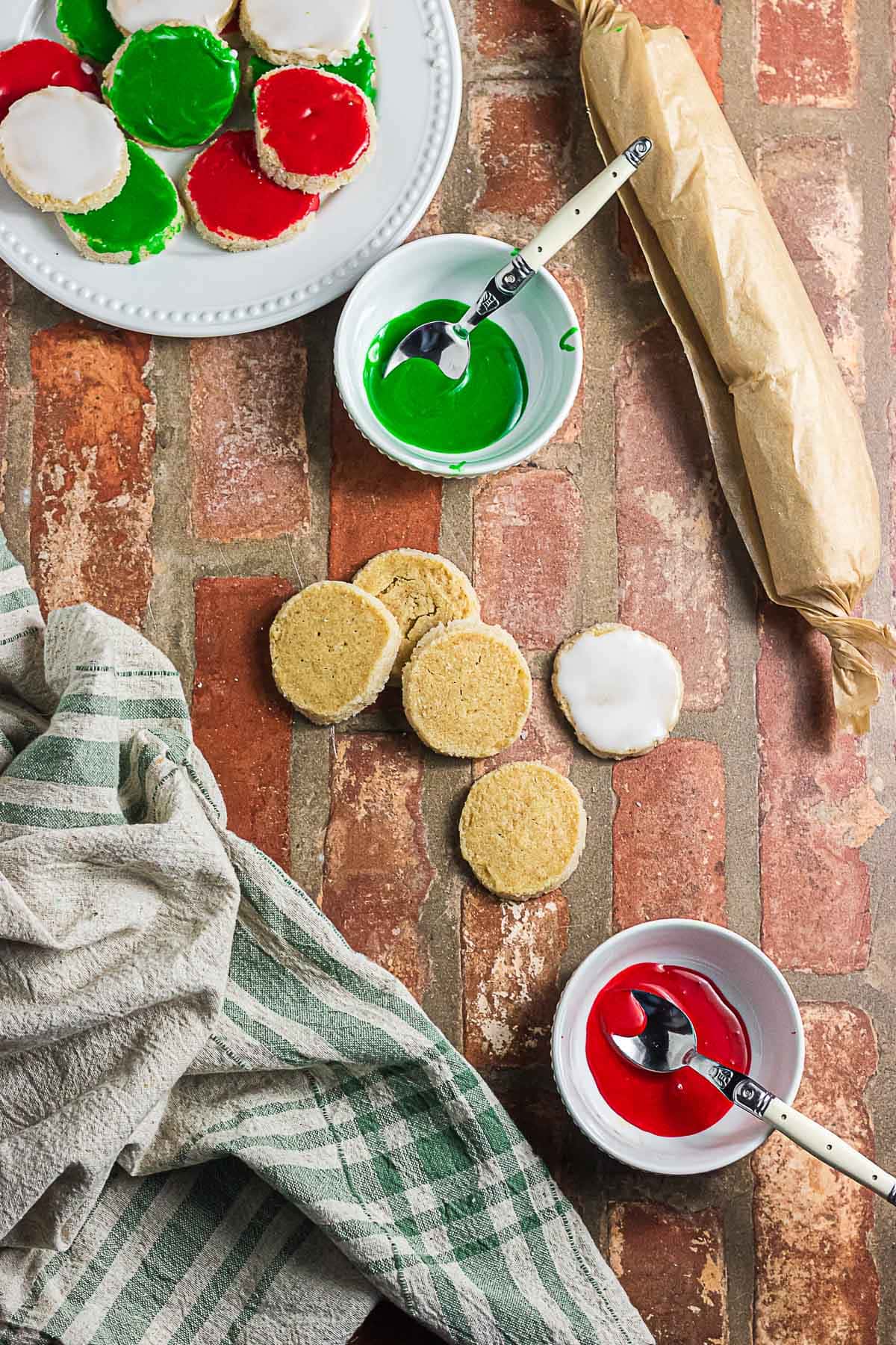 Brown butter icebox cookies with Christmas icing and a chilled cookie dough log