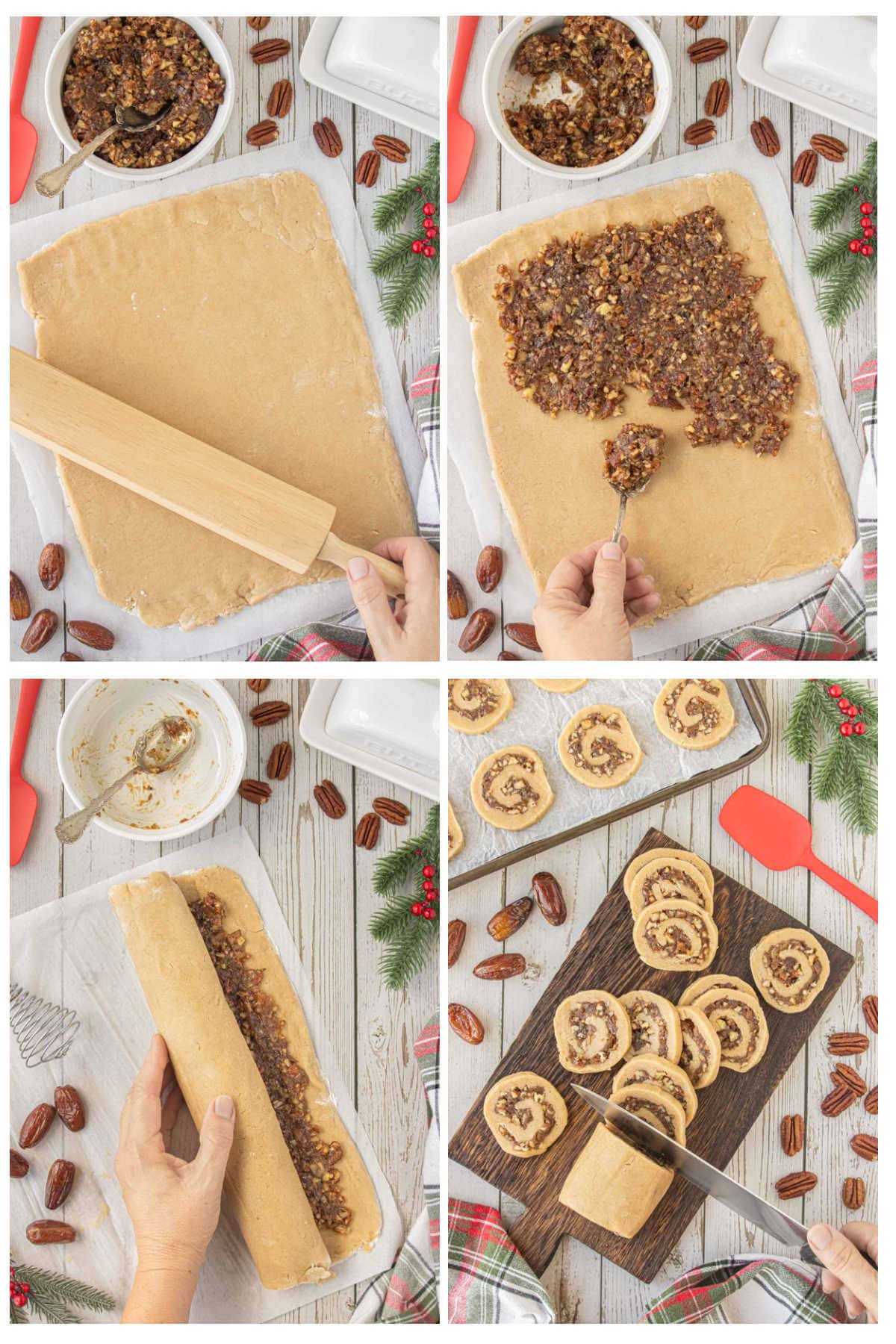 Four steps showing date nut cookie dough being rolled out, spread with date filling, rolled into a log, and sliced into pinwheels.