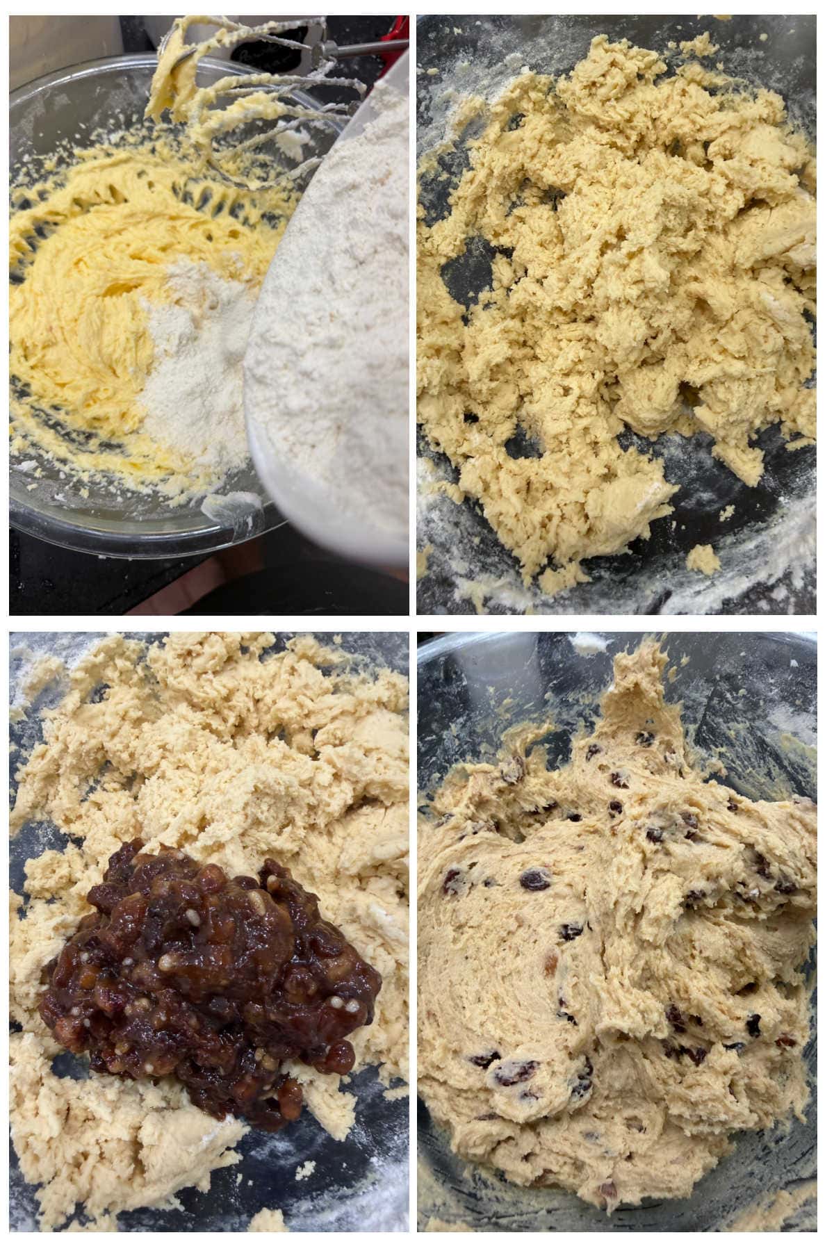 A collage of the 4 easy steps for making mincemeat cookies from mixing in the flour to adding the mincemeat.