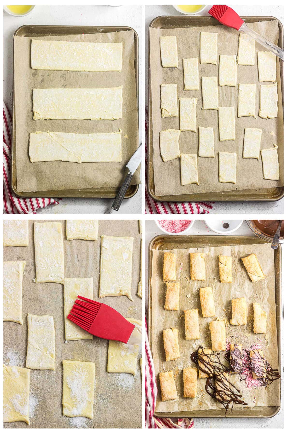 Steps for making chocolate peppermint puff pastry cookies: cut puff pastry into rectangles, brush with butter, sprinkle with sugar, bake, and decorate with chocolate and peppermint.