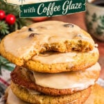 Old-fashioned mincemeat cookies with coffee glaze stacked on a vintage green and white plate with a retro Christmas recipe title.