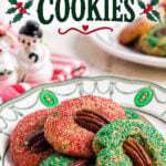 Pinterest pin for old-fashioned butter cookies featuring red and green sugar-coated Christmas cookies topped with pecan halves on a vintage platter, with festive holly accents and bold holiday lettering.