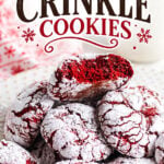 Red velvet crinkle cookies made with cake mix and coated in powdered sugar with title text for pinterest.