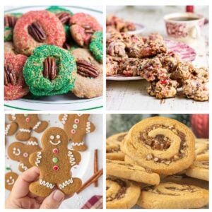 A collage of 4 classic Christmas cookies including gingerbread men, date nut pinwheels and fruitcake cookies.