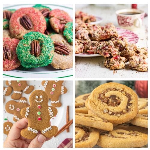 A collage of 4 classic Christmas cookies including gingerbread men, date nut pinwheels and fruitcake cookies.